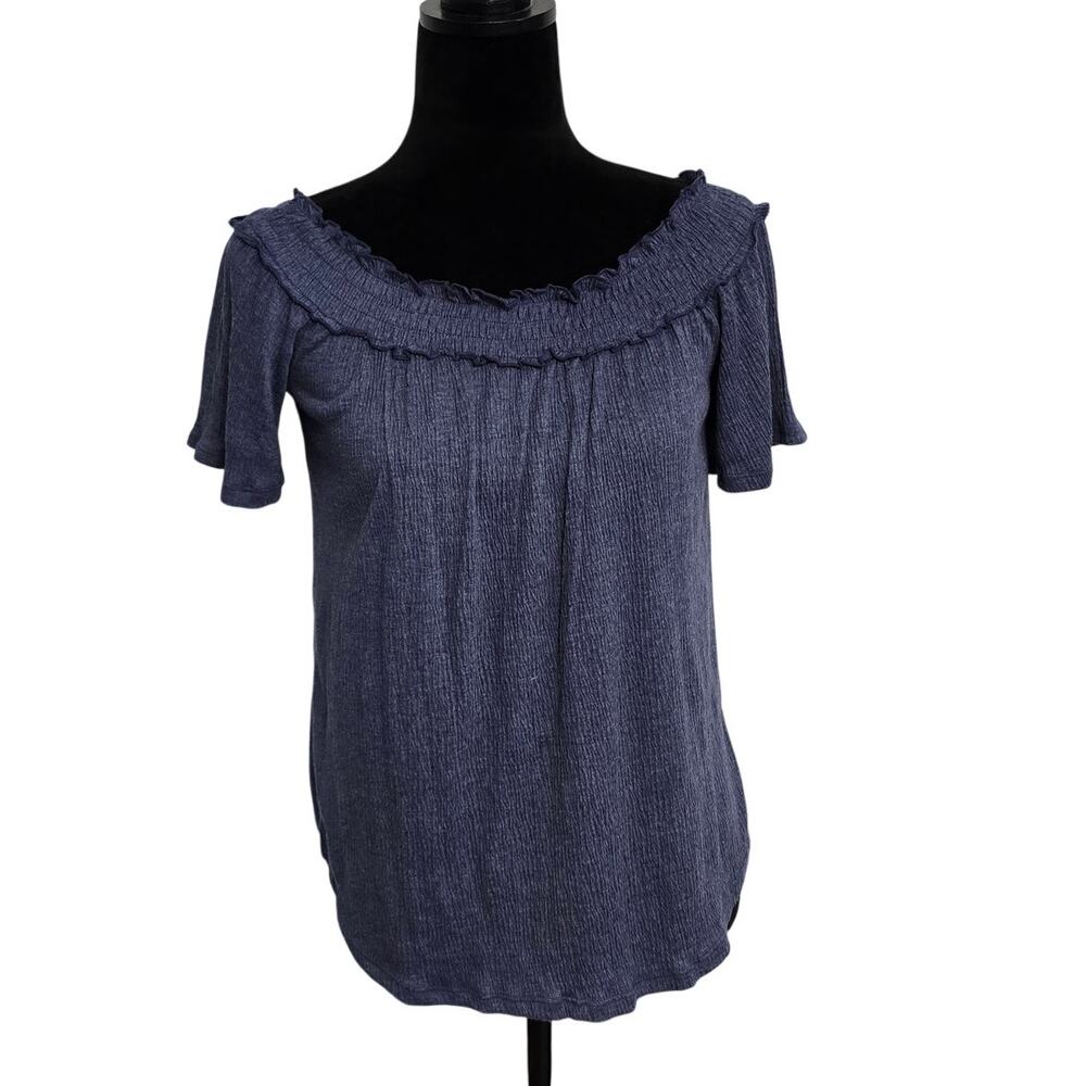 French Laundry Womens M Blue Off Shoulder Ruffle Peasant Top Boho Blouse